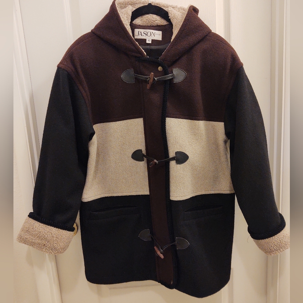 JASON KOLE winter coat, Sz10, dark brown, light beige & black